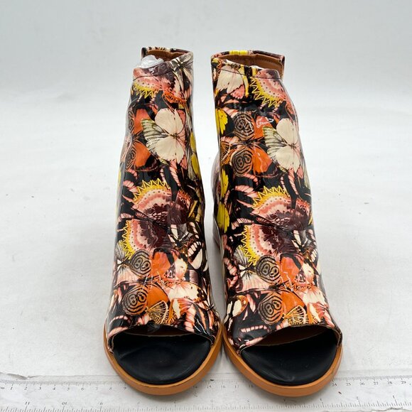 FSJ Brown Butterfly Print Peep Open Toe Cut Out Buckle Block Low Heel Ankle Boot - Picture 3 of 8